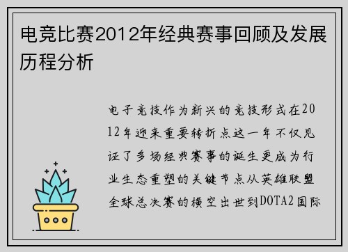 电竞比赛2012年经典赛事回顾及发展历程分析