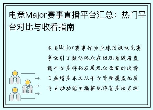 电竞Major赛事直播平台汇总：热门平台对比与收看指南