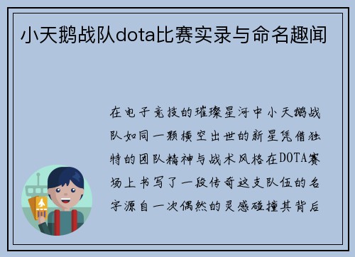 小天鹅战队dota比赛实录与命名趣闻